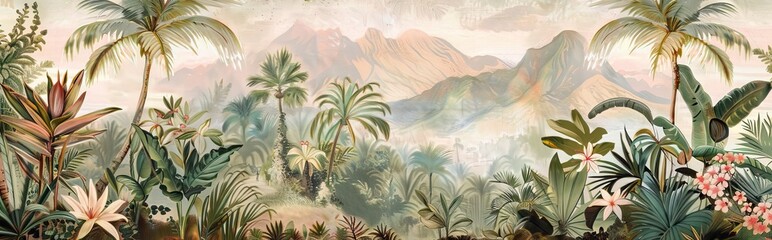 Tropical forest landscape wallpaper design - Mural wallpaper - 3D illustration. AI generated illustration