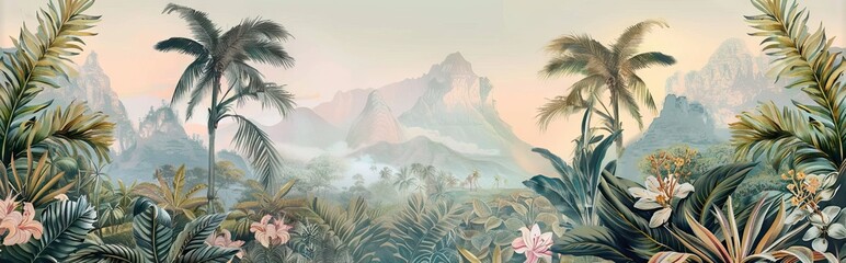 Tropical forest landscape wallpaper design - Mural wallpaper - 3D illustration. AI generated illustration