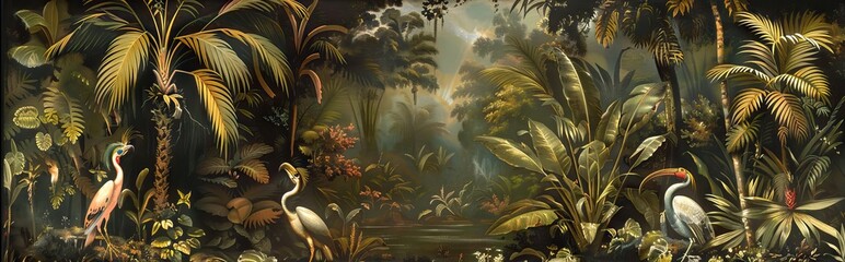 Illustration of tropical wallpaper print design with palm banana leaves and exotic birds on canvas texture. Tropical plants and birds on textured background. AI generated illustration