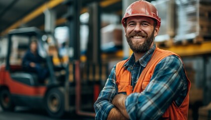 Confident male worker with a beard smiling at the camera in a busy warehouse environment