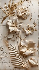 Gold floral plants and palm leaves Wallpaper Mural, 3d illustration, grey background, abstract tropical leaves, banana leaves with 3d lines. AI generated illustration