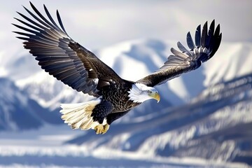 Fototapeta premium A majestic eagle in flight positioned against the backdrop of the American flag, symbolizing freedom and patriotism while celebrating Independence Day.