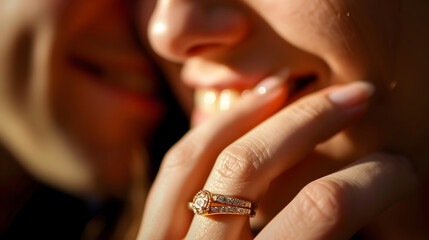 Front view portrait couple showing a golden engagement rings together Selective focus at the rings with blurred face : Generative AI