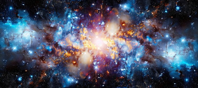 A vivid depiction of a star exploding, revealing a bright burst of light and cosmic debris radiating outwards. The intense energy and colors reflect the dramatic nature of this stellar event