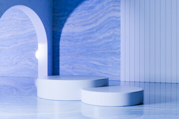3D rendering image of blue round podiums in contemporary studio