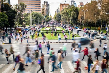 Obraz premium A dynamic photo capturing the ghosting effect of people walking in a busy urban setting, illustrating the motion and vibrancy of city life. highlights the fast paced nature of urban environments