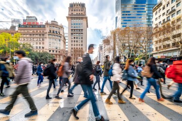 Fototapeta premium A dynamic photo capturing the ghosting effect of people walking in a busy urban setting, illustrating the motion and vibrancy of city life. highlights the fast paced nature of urban environments