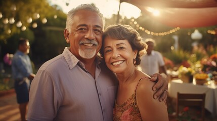 Portrait of Hispanic senior couple at family gathering outdoors in backyard