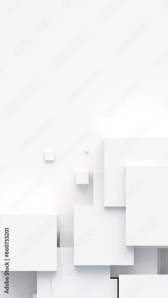 Aufkleber White cubes with random size move and grow loop. A place for text on the left. Abstract 3d render geometrical concept background. Vertical video
