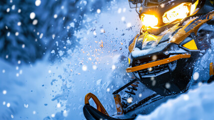 A snowmobile is in the air, with the rider looking ahead. The snow is falling, and the sky is blue