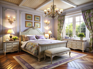 Fototapeta premium The bedroom has a bed, nightstand, dresser, and chandelier, cozy atmosphere