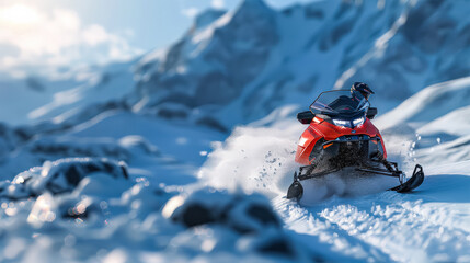 A snowmobile is in the air, with the rider looking ahead. The snow is falling, and the sky is blue