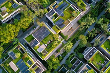 Aerial view of a residential neighborhood with solar panels on the roof