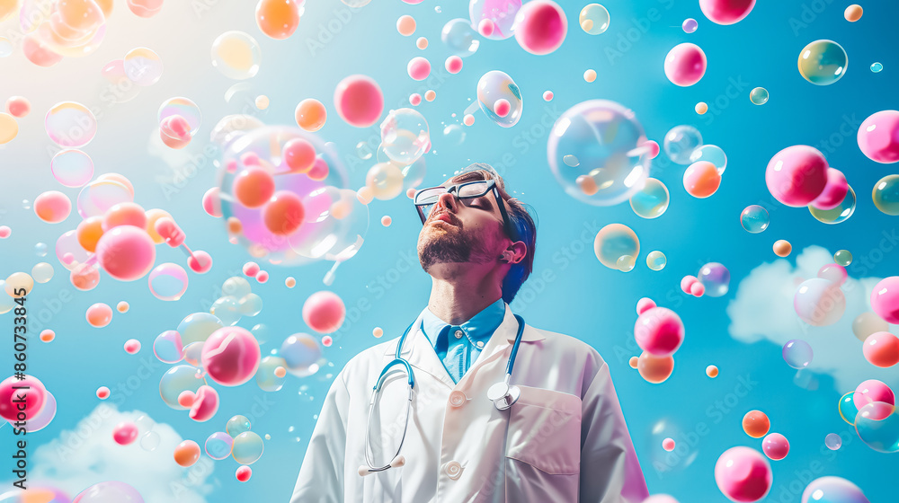 Poster a man in a white lab coat stands in front of a colorful cloud of bubbles. concept of wonder and curi