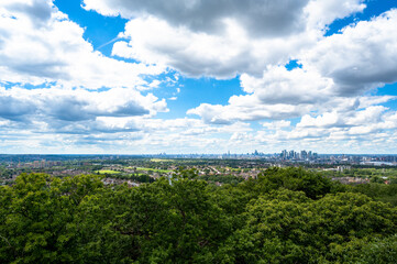 London borough of Greenwich overlooking the greater London landscape and skyline viewed from Oxleas Woods in Greenwich, England