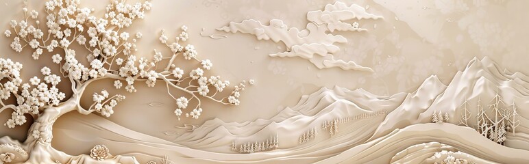 Beautiful sakura tree and mountain 3d relief wallpaper. Mural wallpaper. Wall art. AI generated illustration.