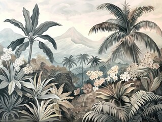Tropical forest landscape wallpaper design - Mural wallpaper - 3D illustration. AI generated illustration