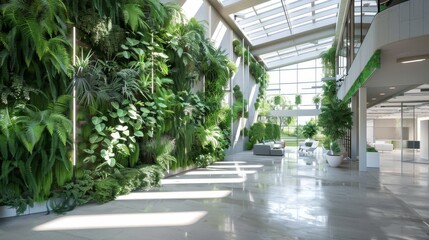Interior of modern office building with green plants. 3d rendering