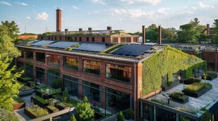 Aerial view of a modern industrial building with solar panels on the roof