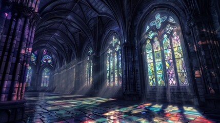 Gothic church interior with stained glass windows, 3d render