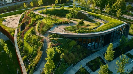 Aerial view of a modern city park with a beautiful green lawn