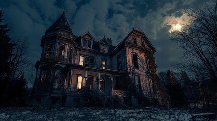 Abandoned haunted house at night with full moon. Halloween concept.