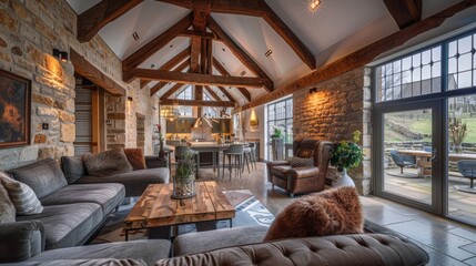 Interior of a country house with fireplace, sofa and wooden beams