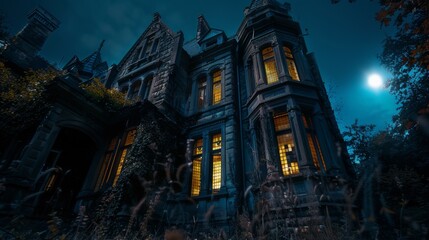 Scary haunted house in the moonlight. Halloween horror concept.