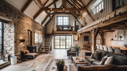 Interior of a loft style living room with brick walls and wooden beams