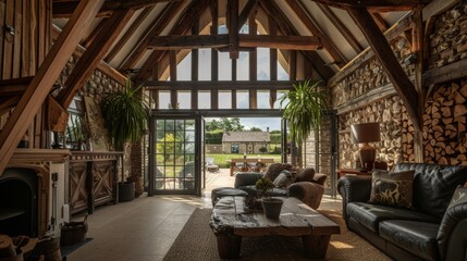 Luxury living room interior in a country house with wooden roof