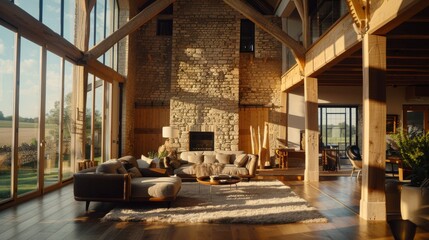 Luxury living room interior with a large window overlooking the countryside