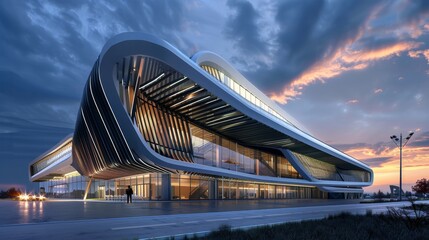 Modern architecture in the city at sunset. 3d rendering and illustration.