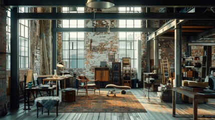 Interior of loft office with brick wall and wooden floor. 3d rendering