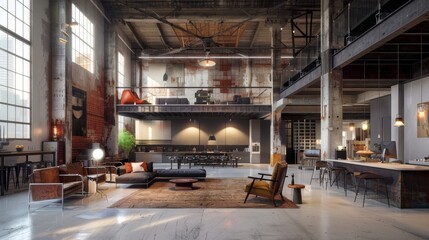 3D rendering of a loft interior design with a bar and a living room
