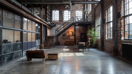 Interior of an industrial loft with brick walls and wooden floor.