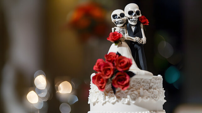 A white wedding cake with a skull topper and red roses the bride and groom in the form of a skeleton : Generative AI