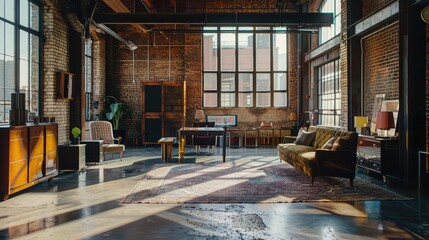 Interior of modern loft living room with brick walls, concrete floor, large windows and wooden furniture. Nobody inside