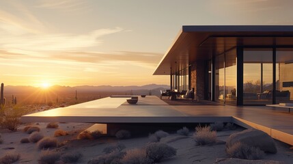 3d rendering of modern house in the desert with a beautiful sunset