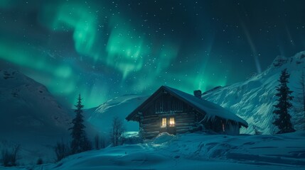 Aurora borealis over a wooden house in the mountains.