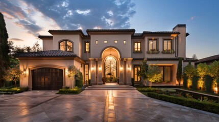 Fototapeta premium 3D rendering of a luxury house in the garden at dusk.