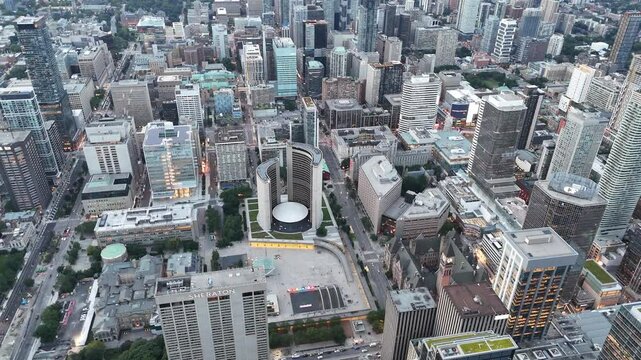 Aerial view of the downtown Toronto, including City Hall and Nathan Phillips Square