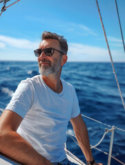 A close-up water adventure of a rich man gelling on a yacht and retiring. A man aged 40-50 is sailing in the sea
