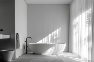 Corner of modern bathroom with white walls, concrete floor, comfortable white bathtub standing near window. 3d rendering