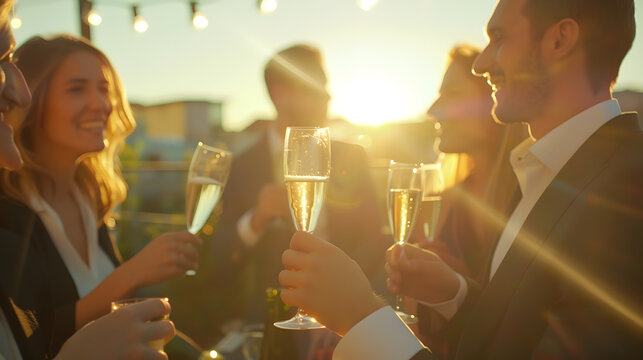 A group of attractive business colleagues enjoying a glass of champagne outside on a roof terrace in a restaurant or a bar This could be a party a convention conference or a wedding ev : Generative AI