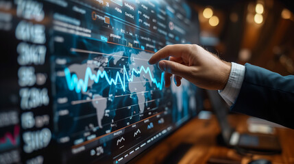 A close-up view of a hand pointing at a computer screen displaying a global map overlaid with data visualizations. The screen shows financial data, stock market trends, and economic indicators