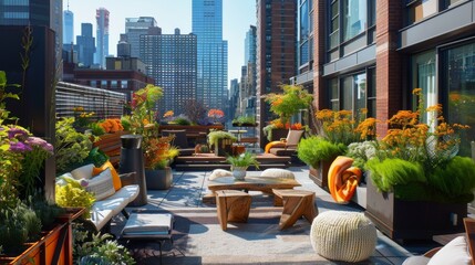 Outdoor terrace with tables and chairs, Chicago, Illinois, USA