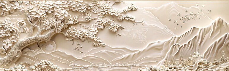 Beautiful sakura tree and mountain 3d relief wallpaper. Mural wallpaper. Wall art. AI generated illustration.