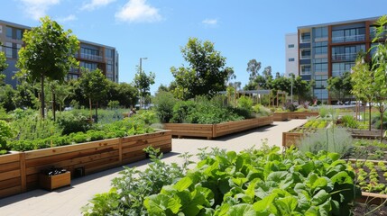 Modern garden with wooden planks and green plants in the city.