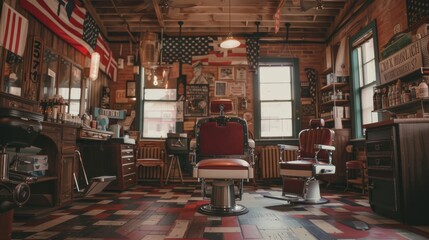 Barber shop interior with barbershop chair and american flag