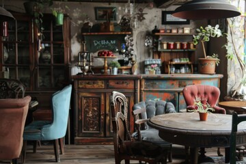 Interior of a coffee shop, vintage furniture, table and chairs